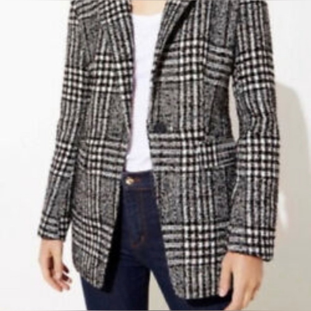 LOFT Wool Blend Plaid Longline Tweed Blazer